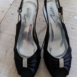 Ladies Black and Silver Satin Mid Heel. Peep Toe, Sling Back Shoe UK 3/US 5